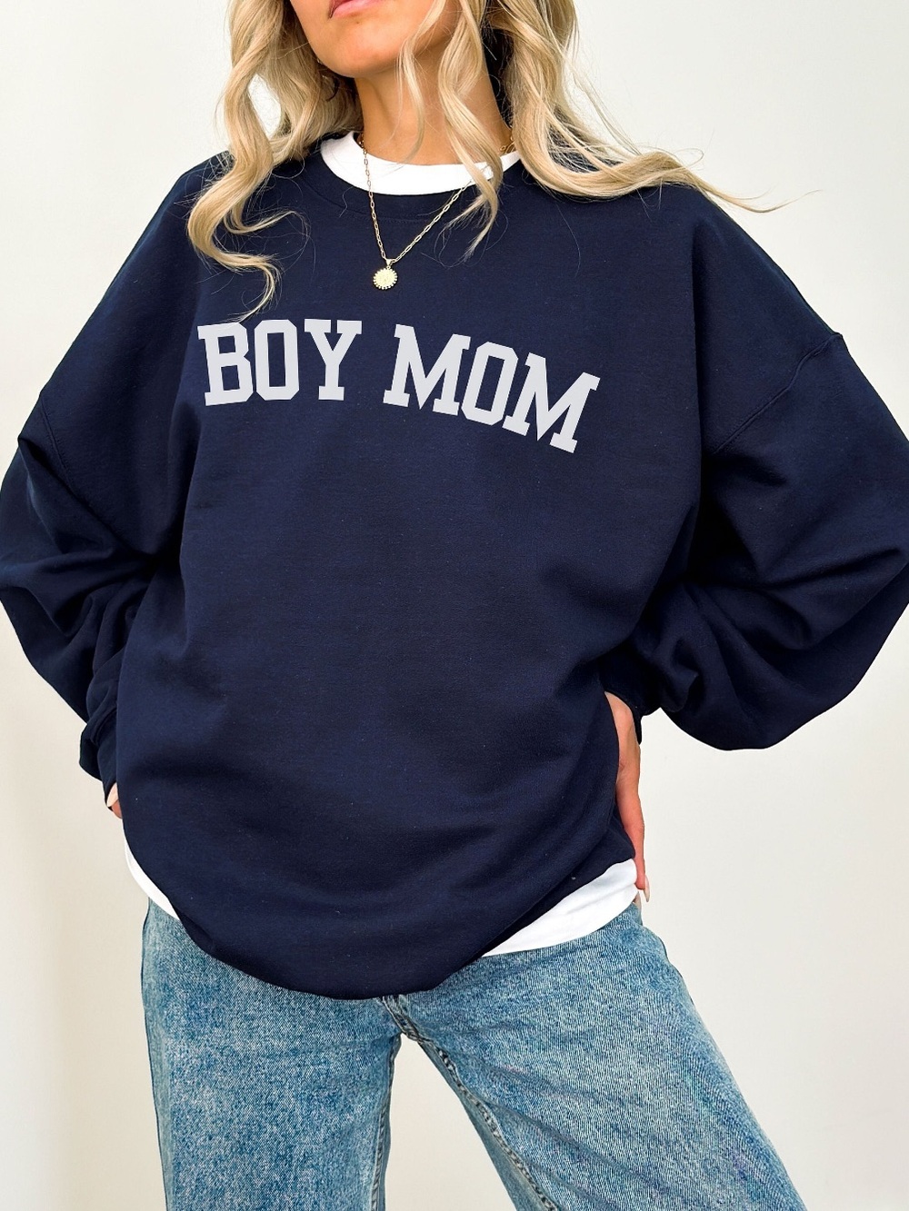 Boy Mom Crewneck Sweatshirt Navy with White Text Gildan Sweatshirt Unisex 2XL